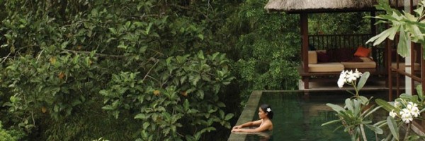 Dans la piscine privée d’une suite de l’Ubud Hanging Gardens Hotel à Bali